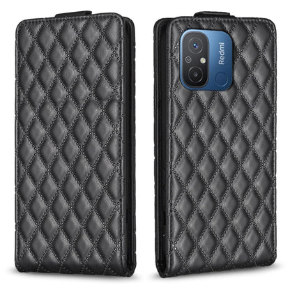 Black leather flip phone case with diamond lattice texture and camera cutout