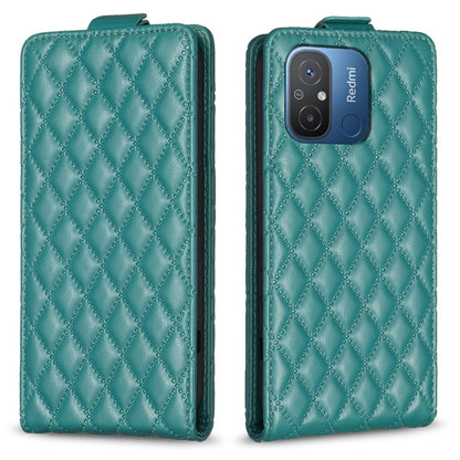 Teal leather flip phone case with diamond lattice texture and camera cutout