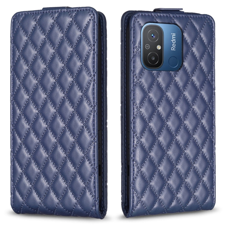 Blue leather flip phone case with diamond lattice texture and visible camera cutout