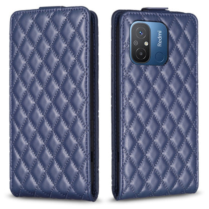 Blue leather flip phone case with diamond lattice texture and visible camera cutout