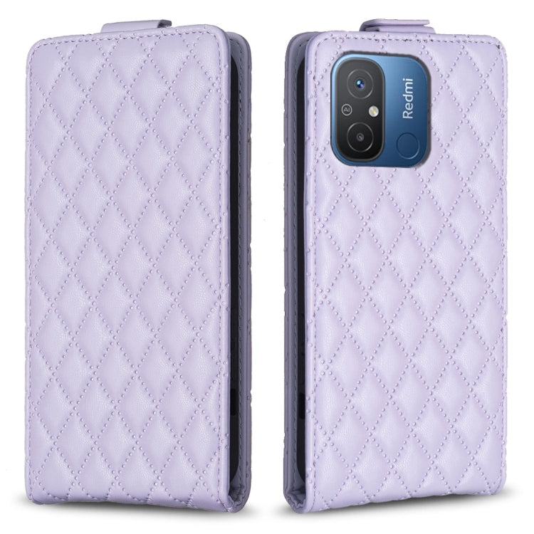 Lavender leather flip phone case with diamond lattice texture and camera cutout