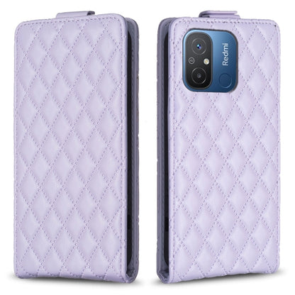 Lavender leather flip phone case with diamond lattice texture and camera cutout