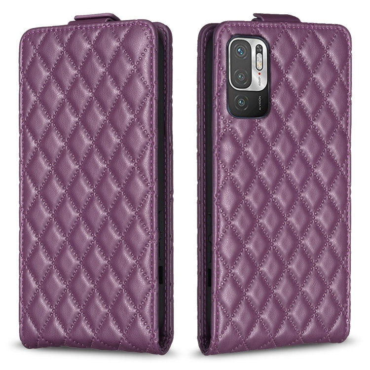 Purple diamond lattice vertical flip leather phone case, front cover and camera cutout
