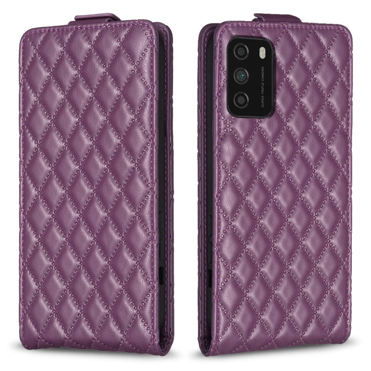 Purple leather flip phone case with diamond lattice texture, front and back views.