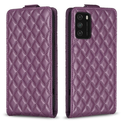 Purple leather flip phone case with diamond lattice texture, front and back views.