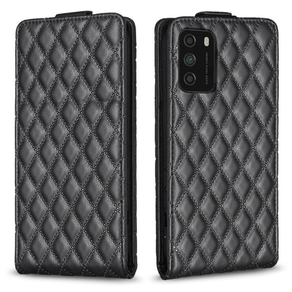 Dark black leather flip phone case with diamond lattice texture, front and back views.