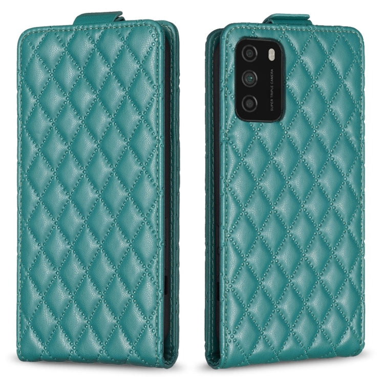 Turquoise leather flip phone case with diamond lattice texture, front and back views.