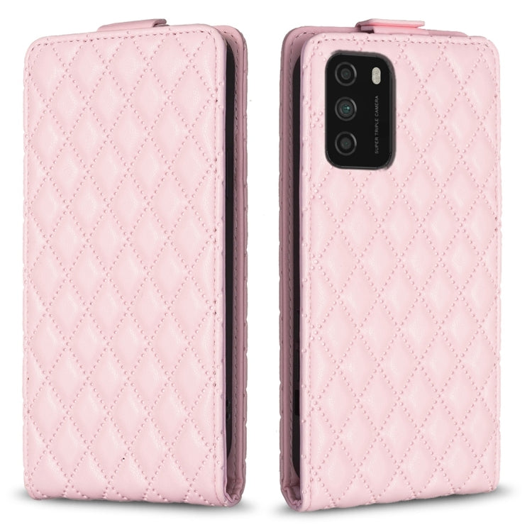 Soft pink leather flip phone case with diamond lattice texture, front and back views.