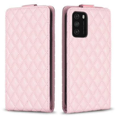 Soft pink leather flip phone case with diamond lattice texture, front and back views.