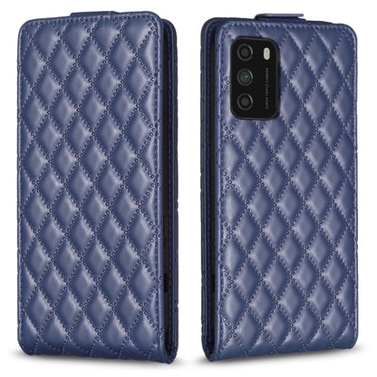 Navy blue leather flip phone case with diamond lattice texture, front and back views.