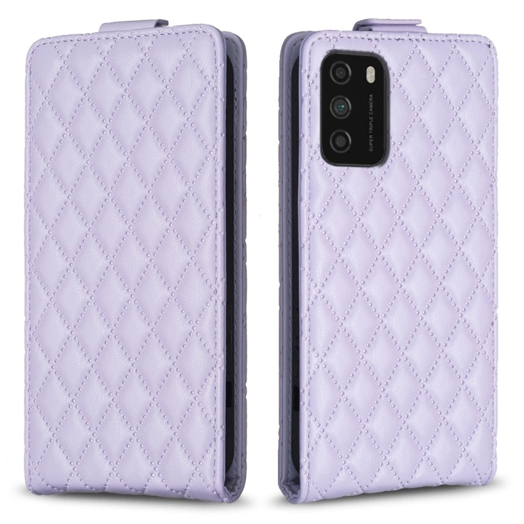 Lavender diamond-lattice vertical flip leather phone case with camera cutout