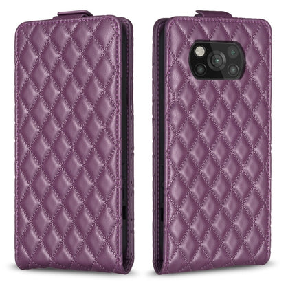 Purple diamond-lattice vertical flip leather phone case with camera cutout