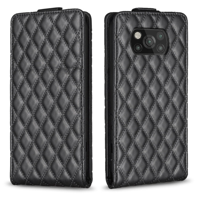 Black diamond-lattice vertical flip leather phone case with camera cutout