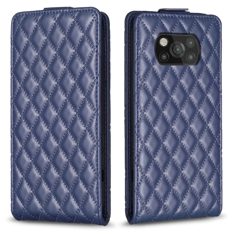 Blue diamond-lattice vertical flip leather phone case with camera cutout