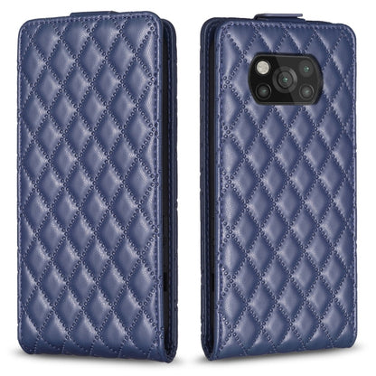 Blue diamond-lattice vertical flip leather phone case with camera cutout