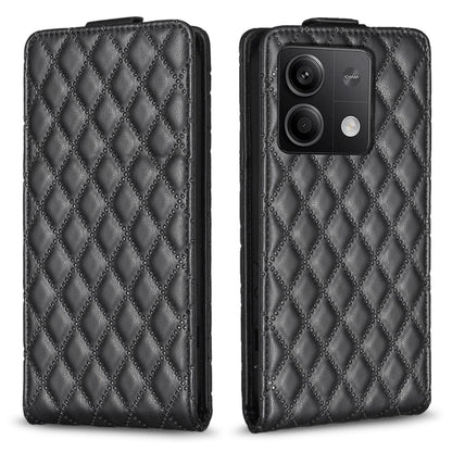 Black diamond-lattice leather flip phone case with camera cutout and card slot