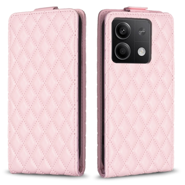 Pink diamond-lattice leather flip phone case with camera cutout and card slot