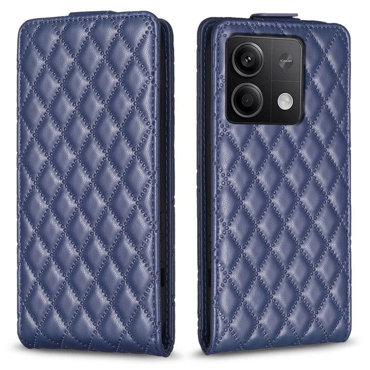 Blue diamond-lattice leather flip phone case with camera cutout and card slot