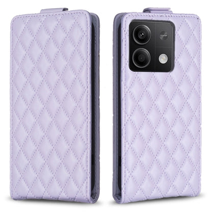Lavender diamond-lattice leather flip phone case with camera cutout and card slot