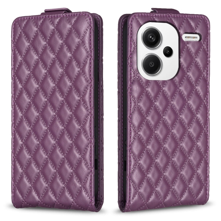 Purple leather vertical flip phone case with diamond lattice pattern, front camera cutout
