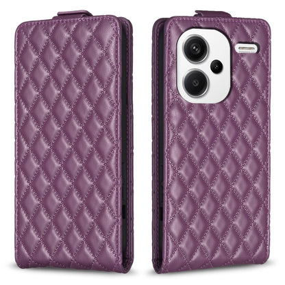 Purple leather vertical flip phone case with diamond lattice pattern, front camera cutout
