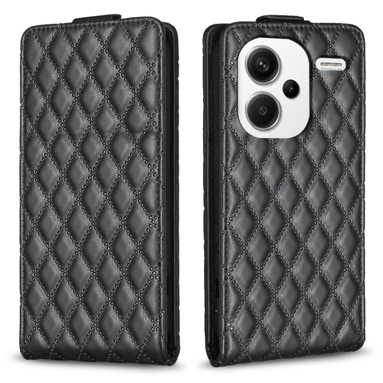Black leather vertical flip phone case with diamond lattice pattern, front camera cutout