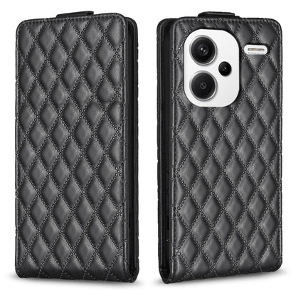 Black leather vertical flip phone case with diamond lattice pattern, front camera cutout