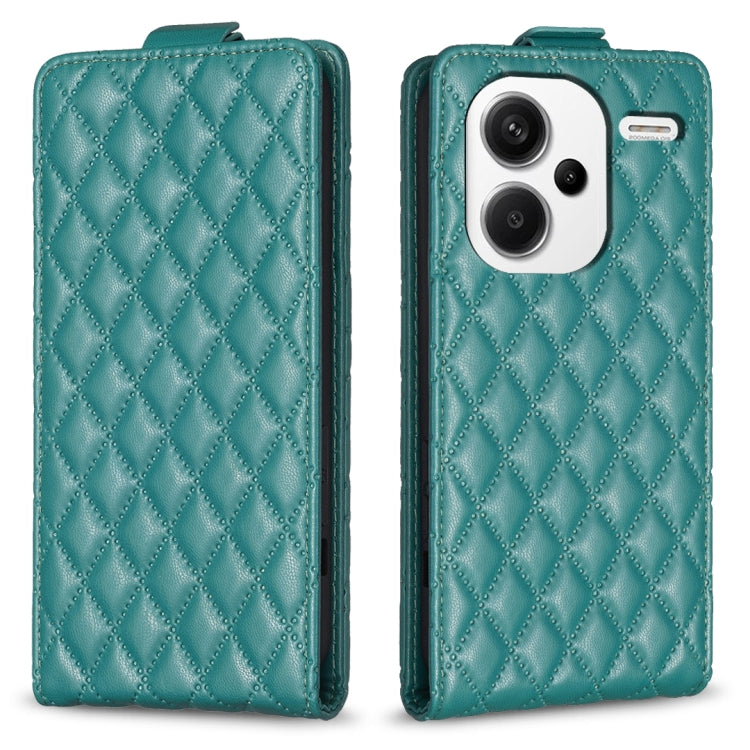 Teal leather vertical flip phone case with diamond lattice pattern, front camera cutout