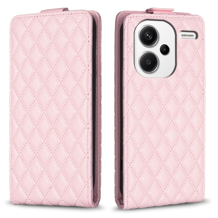 Light pink leather vertical flip phone case with diamond lattice pattern, front camera cutout