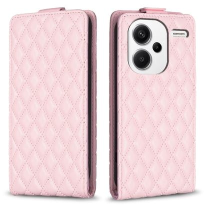 Light pink leather vertical flip phone case with diamond lattice pattern, front camera cutout