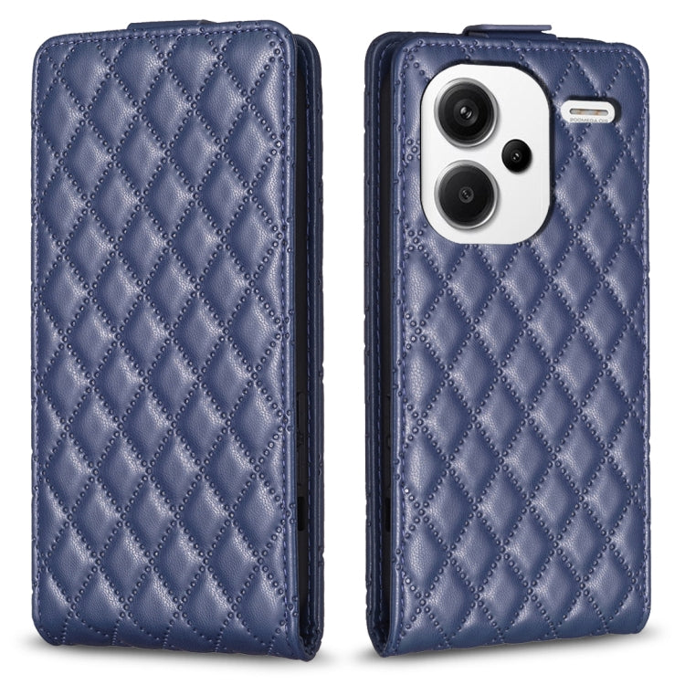 Blue leather vertical flip phone case with diamond lattice pattern, front camera cutout