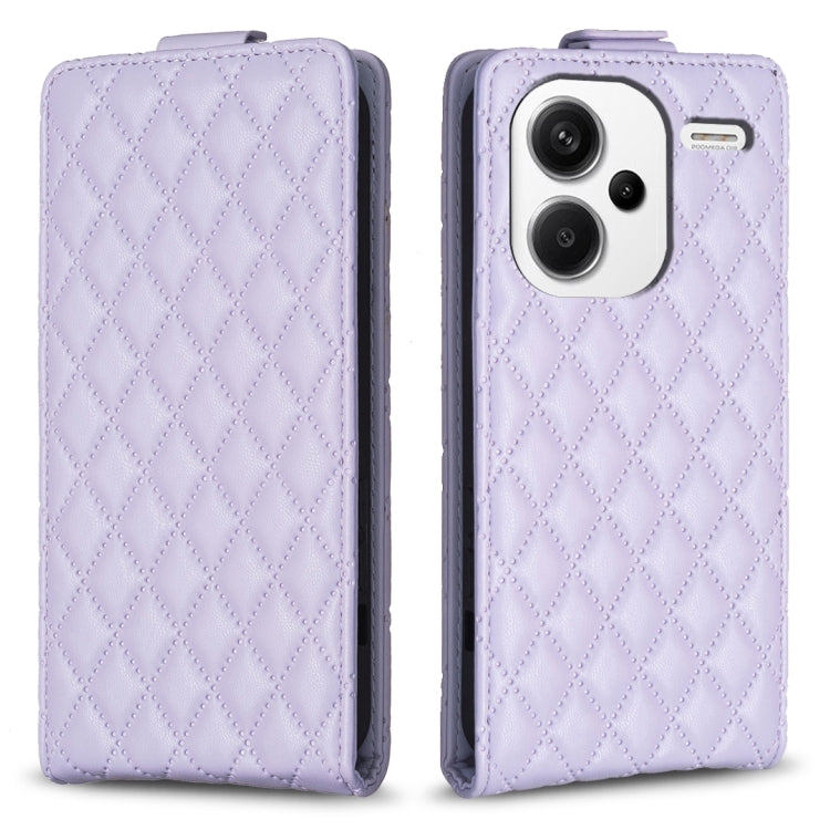 Lavender leather flip phone case, diamond lattice texture with magnetic flap.