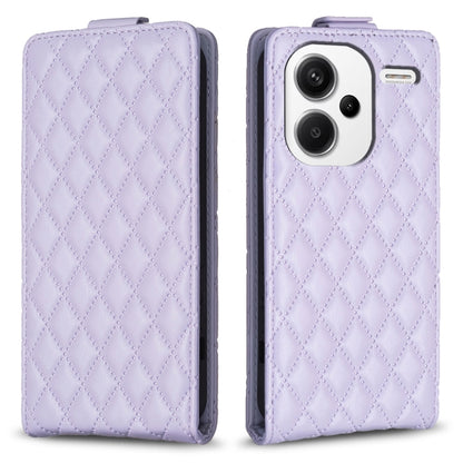 Lavender leather flip phone case, diamond lattice texture with magnetic flap.