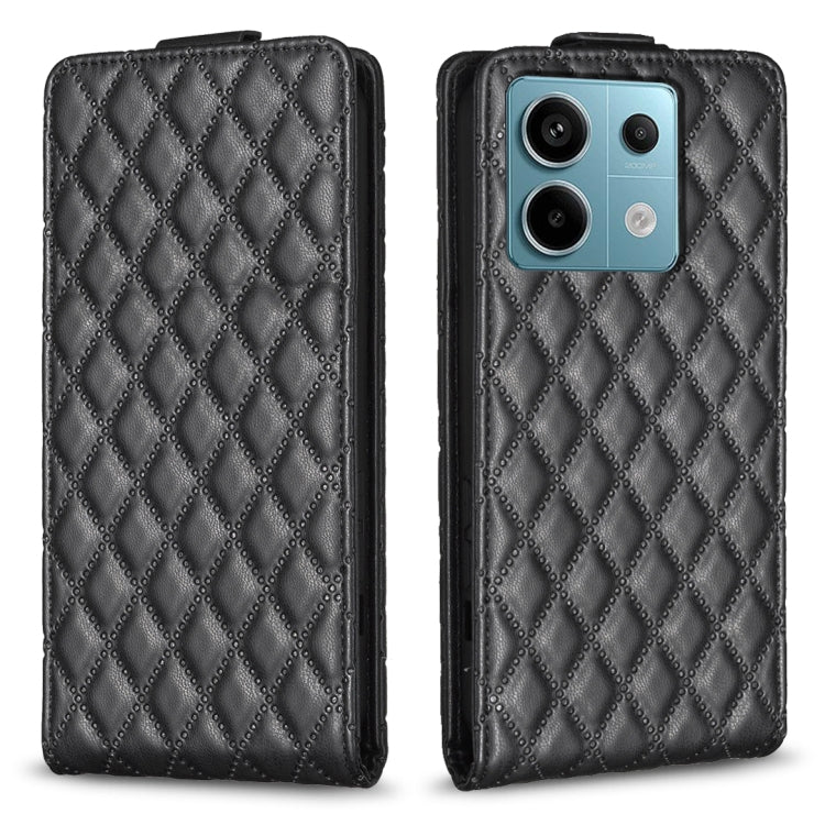 Black leather flip phone case with diamond lattice texture and raised camera cover.