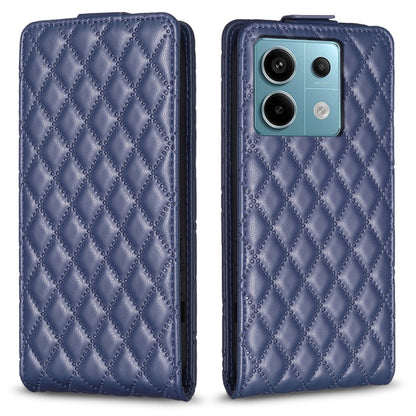 Blue leather flip phone case with diamond lattice texture and camera cutout.