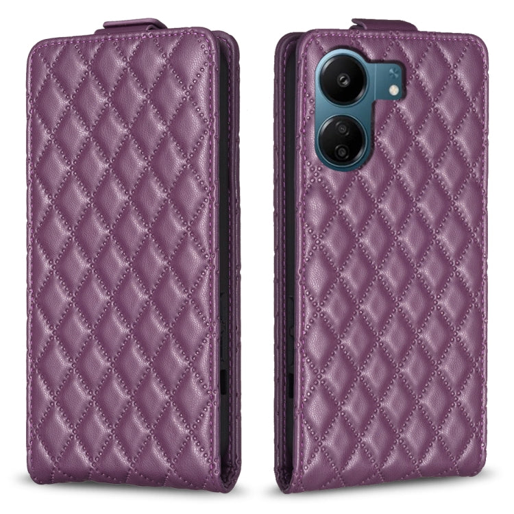 Dark purple diamond-lattice leather flip phone case with camera cutout and slot