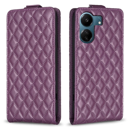 Dark purple diamond-lattice leather flip phone case with camera cutout and slot