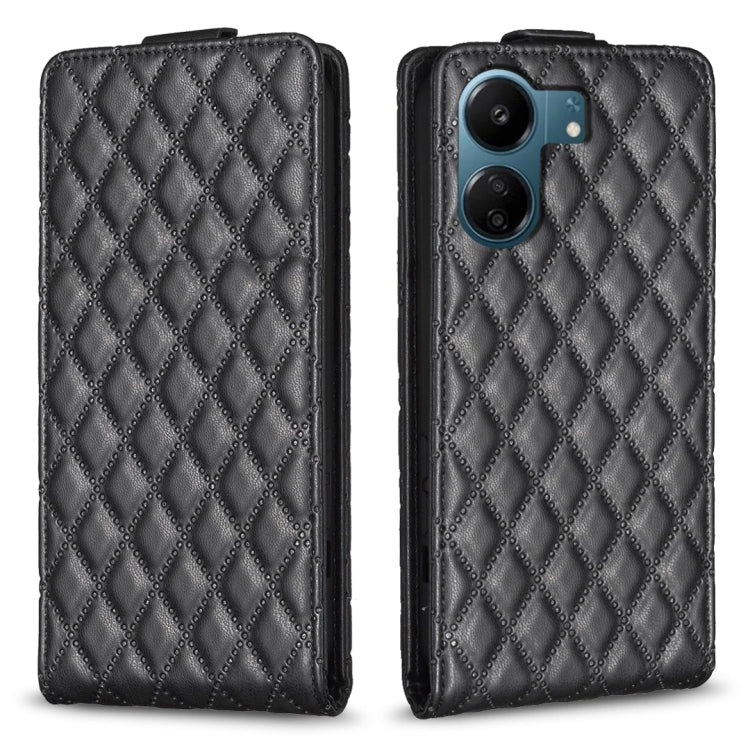 Dark leather vertical flip phone case with diamond lattice pattern, front cutout