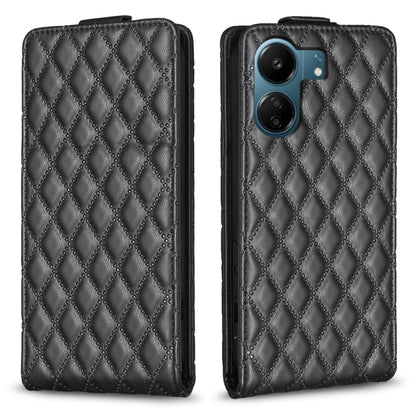 Dark leather vertical flip phone case with diamond lattice pattern, front cutout