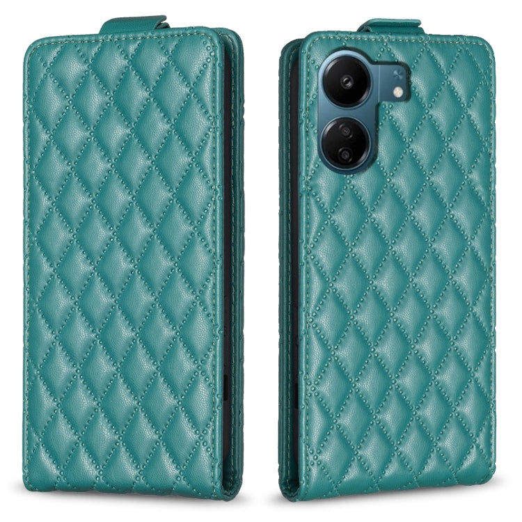 Teal leather vertical flip phone case with diamond lattice pattern, front camera cutout