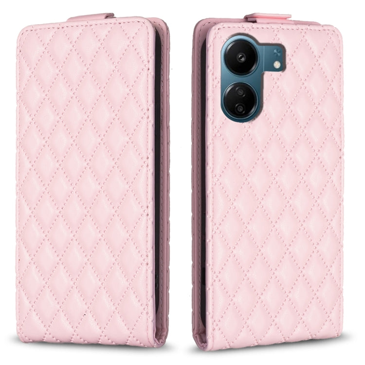 Pink leather vertical flip phone case with diamond lattice pattern, front camera cutout