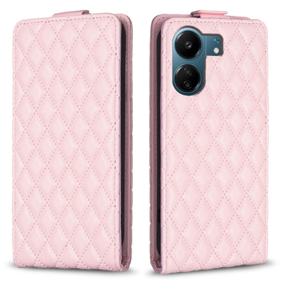 Pink leather vertical flip phone case with diamond lattice pattern, front camera cutout