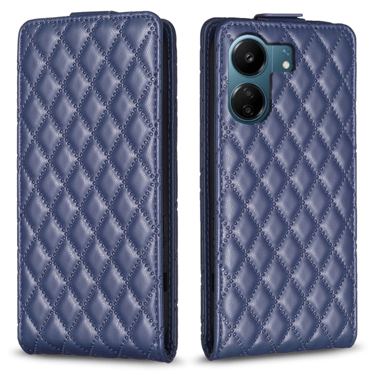 Blue leather vertical flip phone case with diamond lattice pattern, front camera cutout