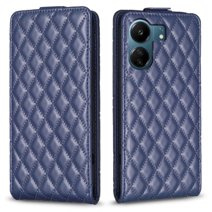 Blue leather vertical flip phone case with diamond lattice pattern, front camera cutout