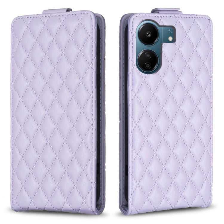 Lavender leather vertical flip phone case with diamond lattice pattern, front camera cutout