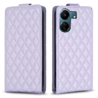 Lavender leather vertical flip phone case with diamond lattice pattern, front camera cutout