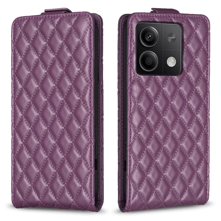 Purple diamond lattice flip leather phone case with camera cutout and magnetic closure
