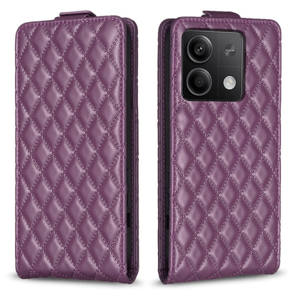 Purple diamond lattice flip leather phone case with camera cutout and magnetic closure