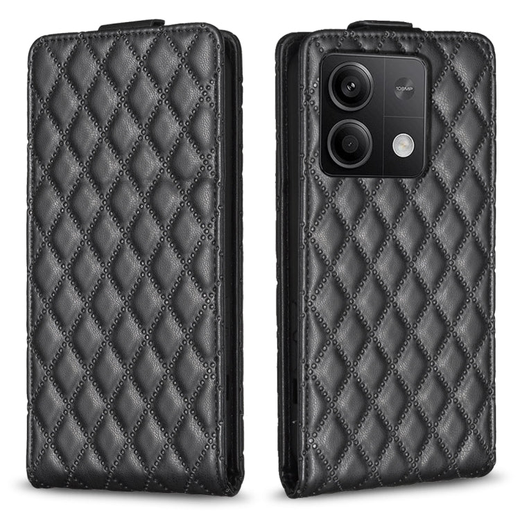 Black diamond lattice flip leather phone case with camera cutout and full coverage edges