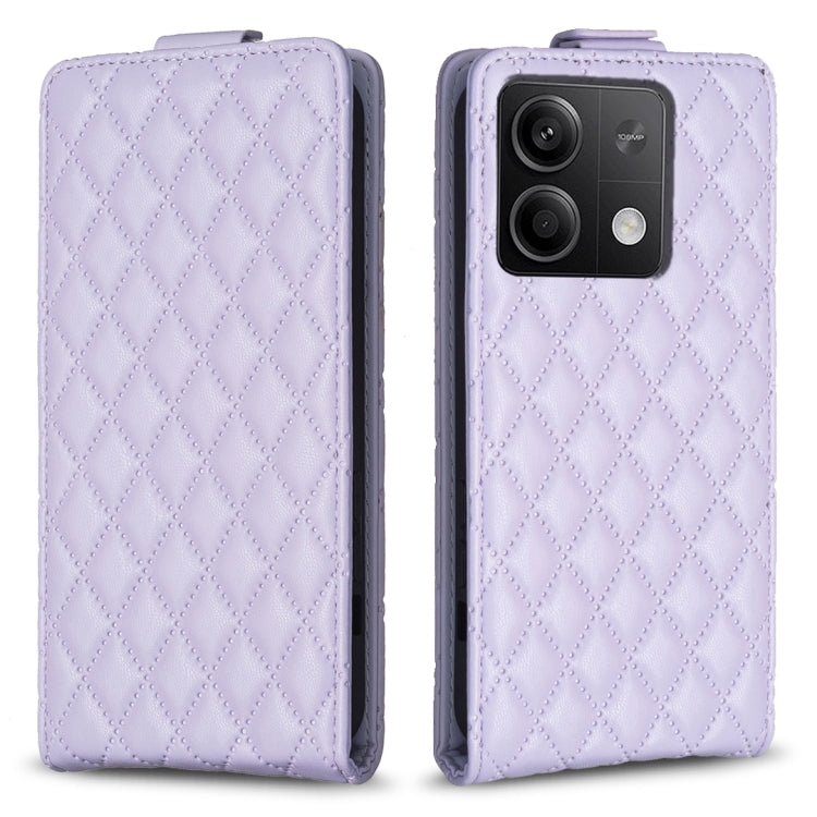 Light purple diamond-lattice leather flip phone case with camera cutout and slot